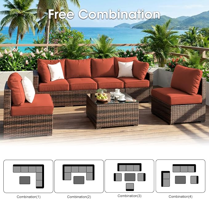 Patio Furniture Set 7 Piece Outdoor Wicker Sectional Sofa - All Weather High Backrest PE Rattan Couch Conversation Set with Cushion & Glass Top Table for Backyard Deck (Red, L-7 pcs w/glass table)