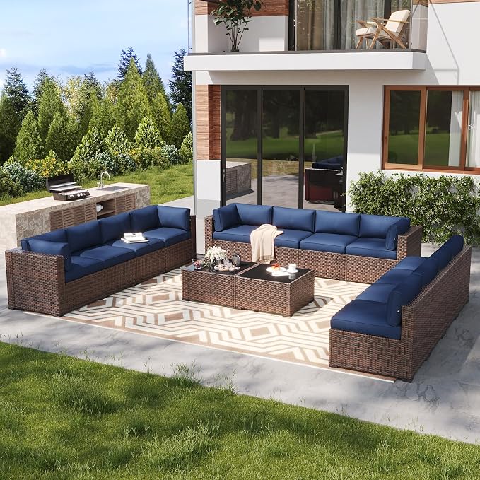 LazySunsets 14 Piece Outdoor Patio Furniture Set with Coffee Table, Outdoor Patio Furniture Sets with 4'' Thicken Cushion, Wicker Outdoor Conversation Set for Backyard & Garden, Blue