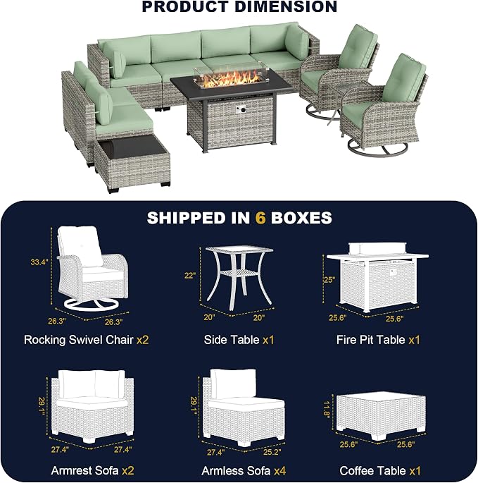 11-Piece Outdoor Patio Furniture Set with Rocking Swivel Chair, Wicker Rattan Sectional Sofa Conversation Set with 55,000 BTU Fire Pit Table, Backyard Furniture, Light Green