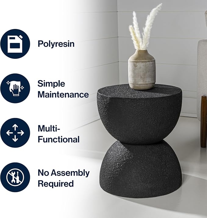 JONATHAN Y Greta Hourglass Outdoor Side Table and Stool, 18" Modern Textured All-Weather Accent End Table for Patio, Deck, or Garden, Black Frosted TBL1100B