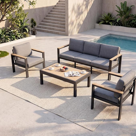 Outdoor Patio Furniture Set, 4-Piece Aluminum Conversation Set with 3-Seat Sofa, 2 Chairs and Coffee Table, 5-Inch Water-Resistant Cushions for Backyard, Deck, Poolside, Gray