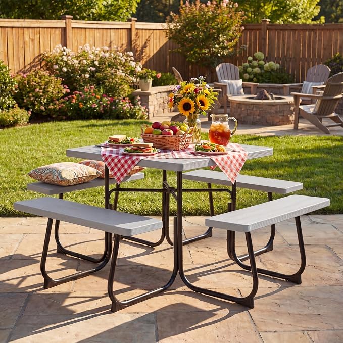 GYMAX Picnic Table Bench with Umbrella Hole, 8 Person Square Outdoor Picnic Table with Metal Frame & HDPE Tabletop, Camping Table for BBQ Yard Patio, 2300LBS Capacity (Gray)
