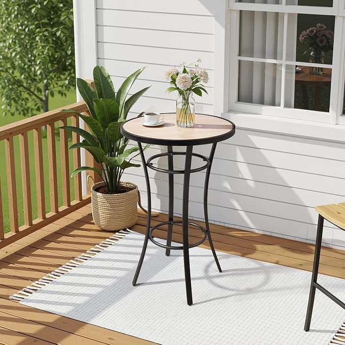 Outvita 39" Outdoor Bar Height Bistro Table, Stylish Round Pub Table with Wooden-Like Top & Sturdy Metal Frame for Patio Dining