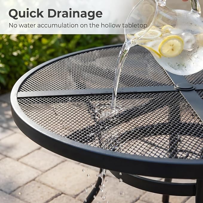 7 Piece Outdoor Dining Set, Patio Dining Table Set for 6, 47" Mesh Round Table with 6 Black Metal Mesh Outdoor Dining Chairs with Armrest for Lawn, Garden, or Porch