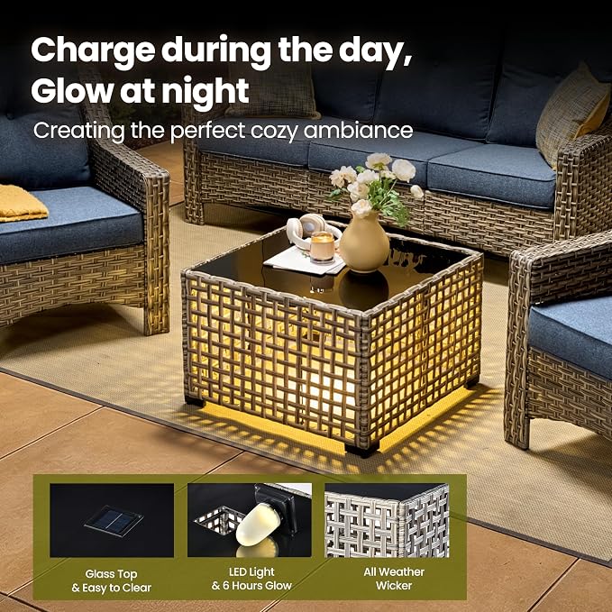 6 Piece Patio Furniture Set with Solar Lights Coffee Table, Outdoor Wicker High Back Sofa Chairs Ottomans with Cushions, All Weather Conversation Set for Backyard Porch Deck, Denim Blue