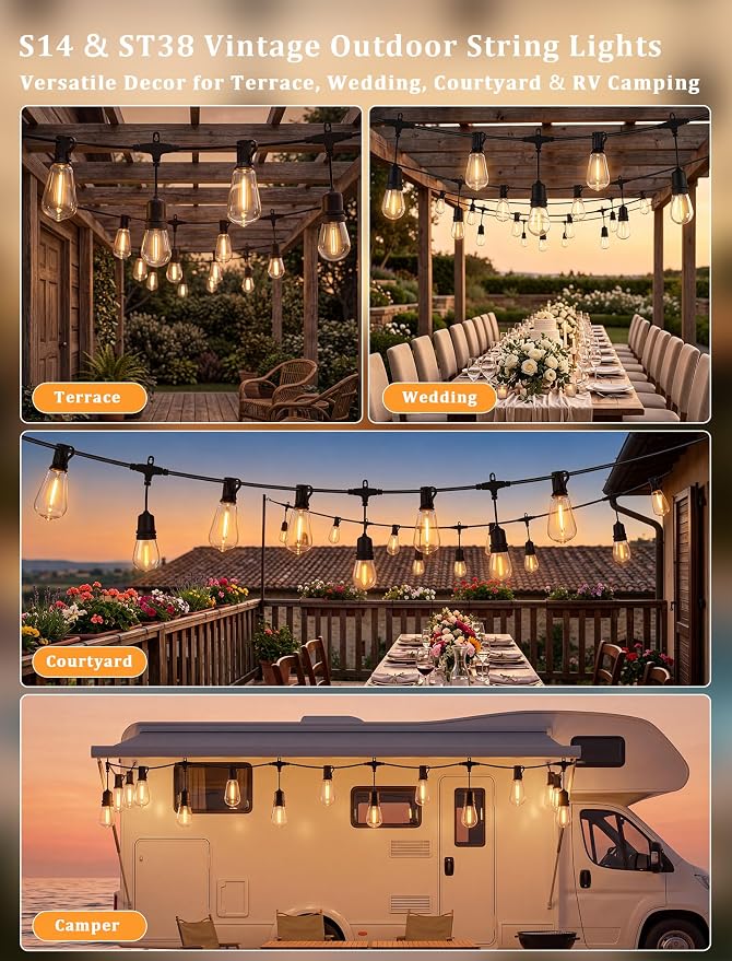 30FT Outdoor String Lights, Waterproof Patio Lights with 10 S14 & 9 ST38 LED Bulbs, Connectable Vintage Edison String Lights for Garden, Bistro, Backyard, Umbrella, Porch Decor - Black Wire