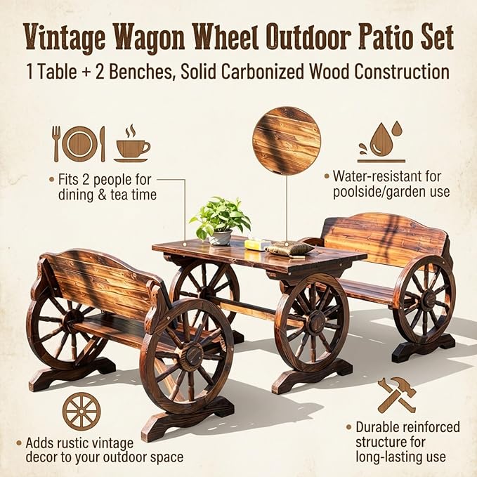 3 Pieces Patio Dining Set, Outdoor Wooden Rectangular Table and Benches,Rustic Wheel Bench Outside Furniture Set for Patio Porch,Deck, Lawn, Garden and Backyard(47in)