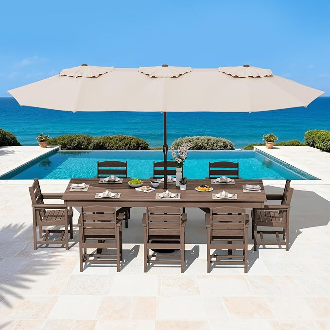 SERWALL Outdoor Dining Table, 84" Rectangular Dining Table for 6-8 Person, All Weather HDPE Patio Dining Table with Umbrella Hole for Backyard, Garden, Brown
