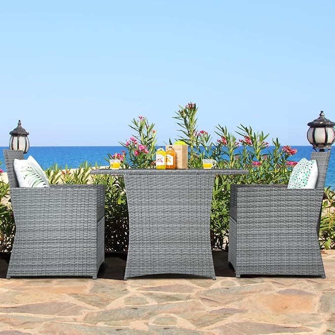 Tangkula 3 Pieces Patio Dining Set, Patiojoy Space-saving PE Rattan Bistro Set with Tempered Glass Top Table and Cushioned Chairs, Outdoor Conversation Set for Garden, Backyard, Poolside, Porch (Gray)
