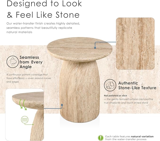 24/7 Shop at Home Ranera Modern 17-inch Natural Stone Side Table with Round Pedestal Base, Marble Nightstand, Fluted Patio End Table, for Living Room, Covered Outdoor Spaces, Light Brown Travertine