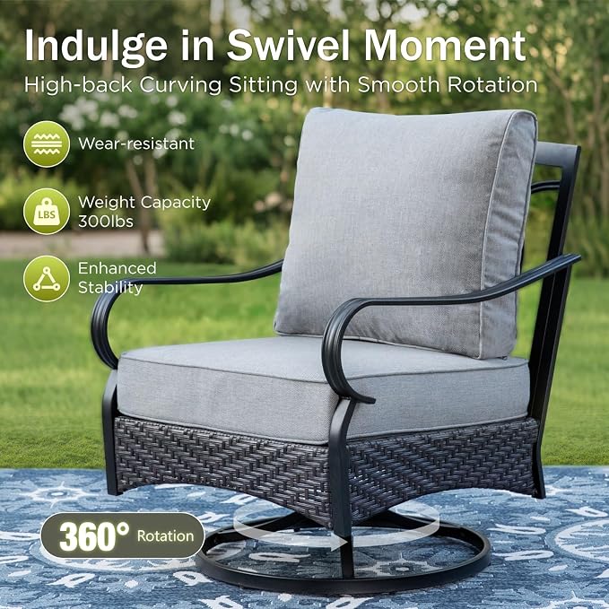 PHI VILLA Patio Furniture Set, Extra Large Wicker & Metal Outdoor Conversation Set Patio Sectional Sofa Set with Swivel Chair & Waterproof Thick Cushions for Porch, Poolside, Deck(7 Pieces, Grey)