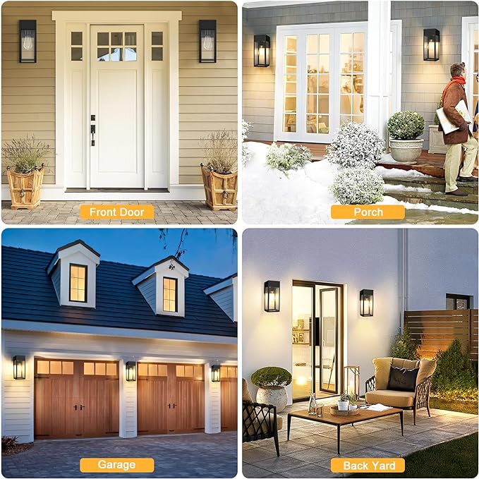 2 Pack Porch Lights Outdoor Wall Sconce, Outdoor Light with GFCI Outlet, Waterproof Exterior Wall Lantern Light Fixtures, Anti-Rust Wall Lamp with Clear Glass for Patio Doorway Garage- Black