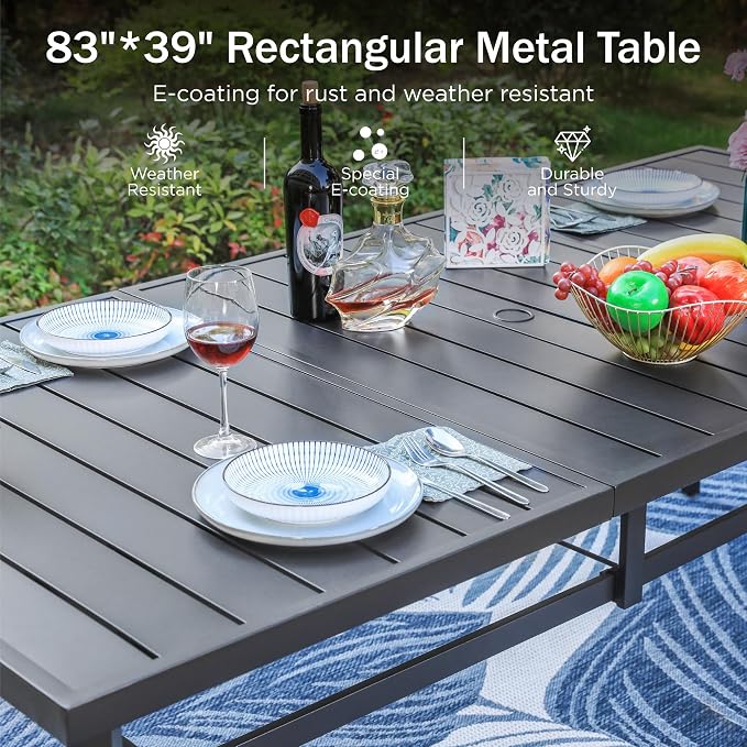 PHI VILLA Outdoor Dining Set for 8 w/Metal Table & Aluminum Chairs, Blue | Stackbale chairs, Breathable & quick-drying, Light-weight & space-saving, Rectangular Table, Umbrella Hole, Patio deck