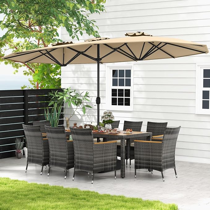 Tangkula 10 Pieces Patio Wicker Dining Set w/Double-Sided Patio Umbrella, Outdoor Acacia Wood Furniture Set w/ 8 Armchairs, 71” Dining Table & 15 ft Umbrella with Weighted Base (Beige)