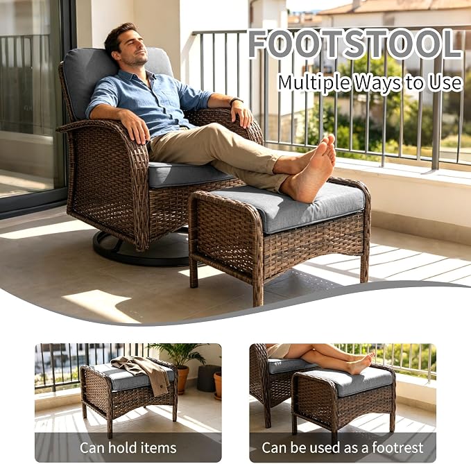 Outdoor Swivel Rocker Patio Chairs (Brown Wicker/Grey Cushion, 7PC/Sofa & Swivel &2 Table & Ottomans)