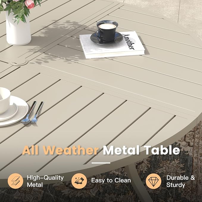 47.2" Outdoor Dining Table with Adjustable Umbrella Hole, Metal Slatted Round Patio Dining Table for Backyard Garden Deck, Sandshell