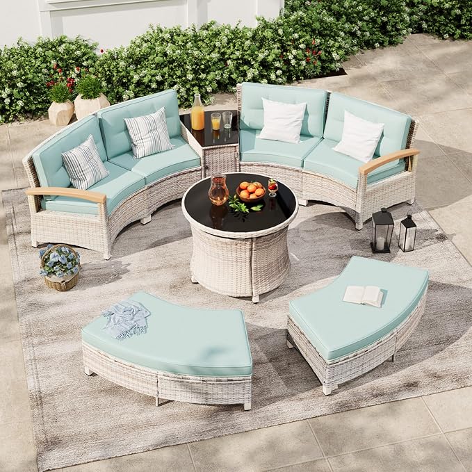 MEISSALIVVE 8-Piece Half-Moon Curved Outdoor Patio Furniture Set, Sectional Conversation Sofa with 2 Half-Moon Ottomans, Round Coffee Table for Backyard Deck Garden, Blue