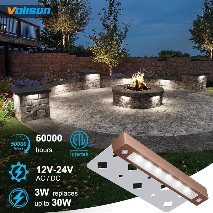 VOLISUN 7 Inch Retaining Wall Lights, 5000K Hardscape Lighting, 16 Pack | IP65 Waterproof, Cuttable Low Voltage Landscape Lighting, 12V Paver Lights, 3W Outdoor Step Lights, ETL