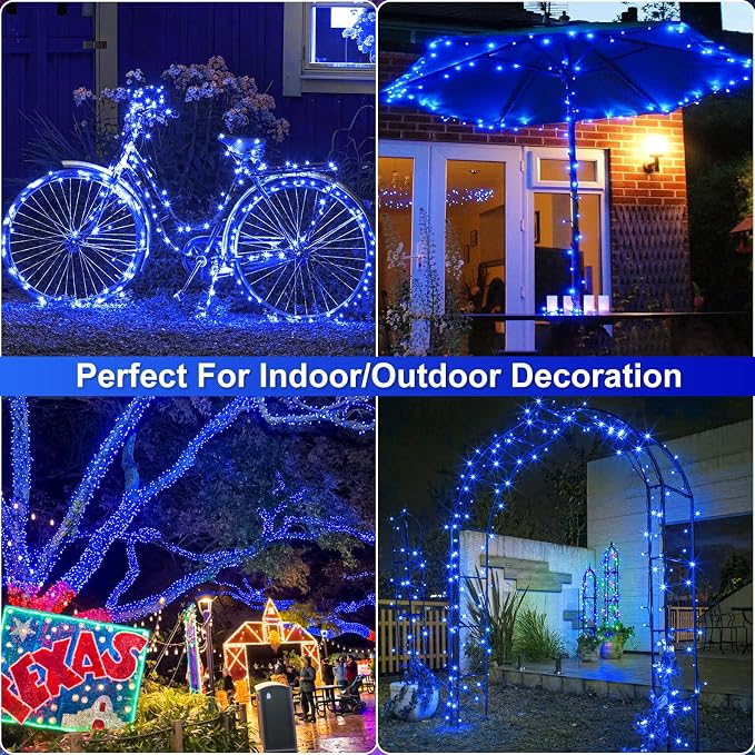 Blue Christmas Lights Outdoor, 100FT 300 LED Christmas Tree Lights | Waterproof 8 Modes Plug in Connectable String Lights for Outside Indoor House Patio Yard Garden Holiday Decorations