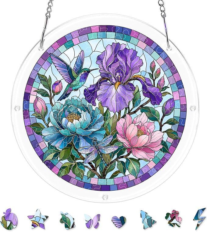 Acrylic Puzzle Suncatcher, Sun Catchers Puzzle for Window Hanging | 8.2 Inch Iris Floral DIY Suncatcher Puzzle for Adults, Ideal Gifts for Women, Men, Wife, Mom, Home & Garden Decor