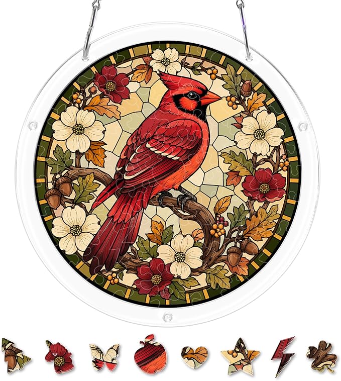 Acrylic Puzzle Suncatcher, Sun Catchers Puzzle for Window Hanging | 8.2 Inch Northern Cardinal DIY Suncatcher Puzzle Gifts for Adults, Women, Men, Wife, Mom, Birds Lover, Home & Garden Decor