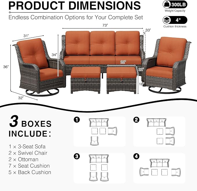 Joyside 5 Piece Wicker Patio Furniture Set, Outdoor Swivel Rocker Patio Chairs with High Back, Deep Seating, Wide Armrest, Thickened Cushions, Outdoor Furniture for Deck, Porch Use