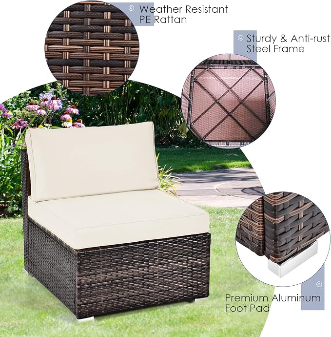 DORTALA 6 Pieces Patio Furniture Set, Outdoor Wicker Conversation Set with Glass Coffee Table, Wicker Sofa Set with Back & Seat Cushions, Rattan Sectional Conversation Couch Set, White