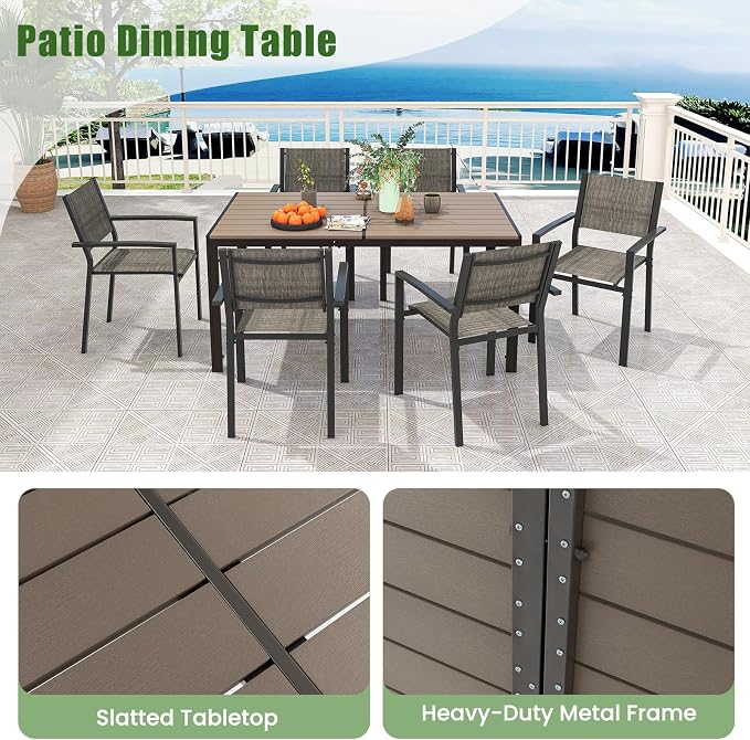 Tangkula Outdoor Rectangle Dining Table, 59” x 35” Large Outside Table with Metal Legs, Accommodate up to 6, Patio Weatherproof Table for Backyard, Garden, Poolside