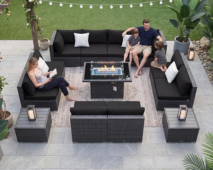 NICESOUL 13 Piece Outdoor Sectional Furniture with Firepit, Contemporary Back Yard Fireplace w/Seating Area, Plus Size 29.3'' High Back Patio Set, All-Weather Wicker Couch for Exterior, Gray & Black