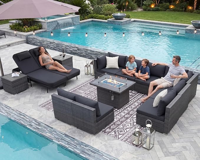 NICESOUL 13 Piece Patio Furniture Set with Fire Pit Table, Luxury Wicker Outdoor Patio Sectional with Fire Pit & Chaise Lounge, 29.3" Highback Extra Large Size Wide Deep Seating, Dark Gray