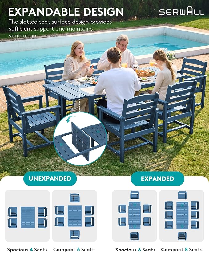 SERWALL HDPE and Aluminum Outdoor Dining Set for 8, Blue | 60" - 83" Expandable Outdoor Dining Table and 8 HDPE Chairs, All Weather Outdoor Furniture Set