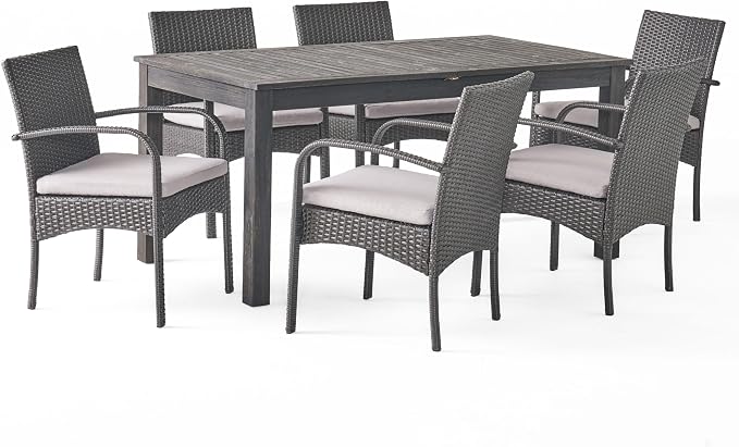 Christopher Knight Home Elmar Outdoor 7 Piece Wood and Wicker Expandable Dining Set, Dark Gray and Dark Gray and Gray