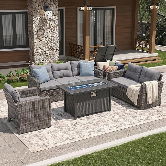 Super Patio 8 Pieces Outdoor Patio Furniture Set with 45” Fire Pit Table, Rattan Patio Conversation Sets with 50000 BTU Gas Fire Pit, Wicker Sectional Sofa Set with Storage Box, Gray (Without Table)
