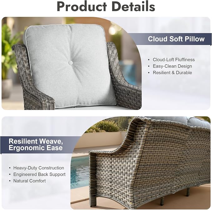 6 PCS Patio Furniture Set, Deep Seat High Back Outdoor Conversation Set with Ottomans, Wicker Outside Furniture with Solar Light Coffee Table for Porch Backyard Balcony, Sunroom, Light Grey