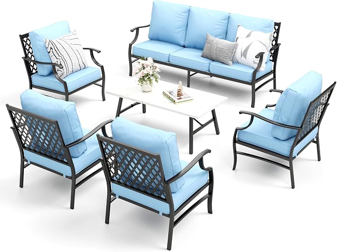 MIXPATIO Patio Furniture Set 6 pcs, Outdoor Patio Furniture, 1 X 3-Seat Sofa, 4 X Single Chairs, 1 X Coffee Table and 5.75" Extra Thick Cushion, Patio Conversation Set,Blue