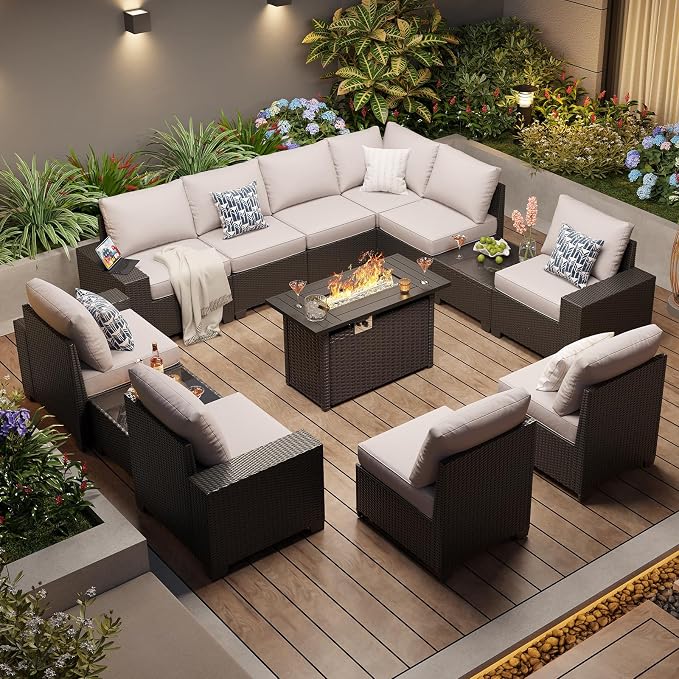Aoxun Patio Furniture Sets with 44'' Fire Pit, 13 Pcs Outdoor Patio Coversation Set with 4in Thicken Cushion, Widen Armrests Wicker Outdoor Sectional for Backyard