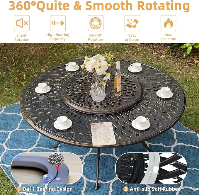 9-Piece Patio Furniture Dining Set, All Weather Cast Aluminum Outdoor Conversation Set- 61" Round Patio Dining Table with Detachable Lazy Susan & 8 Chairs, 2" Umbrella Hole, Chili Red