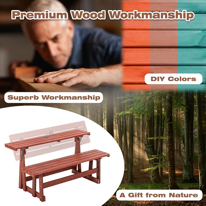 2 in 1 Convertible Picnic Bench Table Set, Transforming Interchangeable Outdoor Wooden Picnic Table with Umbrella Hole, 500lbs Collapsible Dining Table Bench for Backyard, Porch