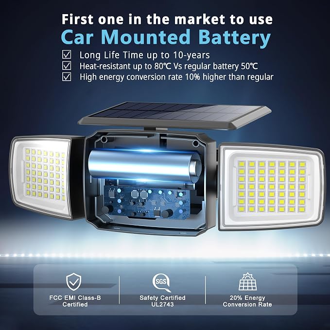 JEJOT Solar Security Light Outdoor Super Bright LED, Motion Sensor Flood Light, 3 Heads 270° Wide Angle,Remote Control, IP65 Waterproof, 3 Modes (4 Packs)
