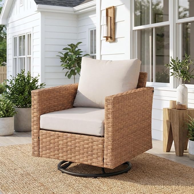 SUNSITT Patio Swivel Chair, Wicker Swivel Chairs Outdoor Seating Furniture with Thick Comfy Cushions, for Porch, Balcony, Deck, Natural Rattan Color