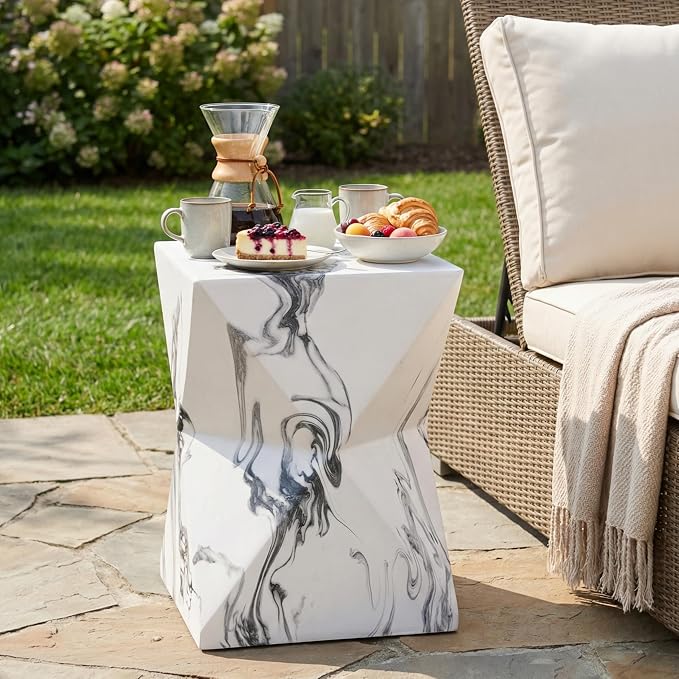 Christopher Knight Home 18.5 Inch Modern Geometric MGO Side Table Hourglass Accent End Table Faux Marble Look Indoor Outdoor Patio Living Room Bedroom