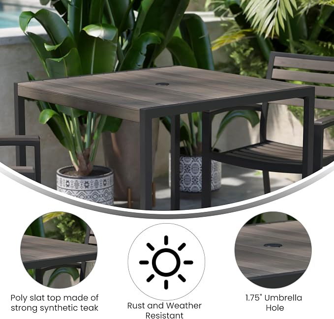 Flash Furniture Outdoor Steel Dining Table - Gray Wash Faux Teak Poly Slatted Top - Commercial Grade Dining Table with Black Frame - 35" Square - Umbrella Holder Hole