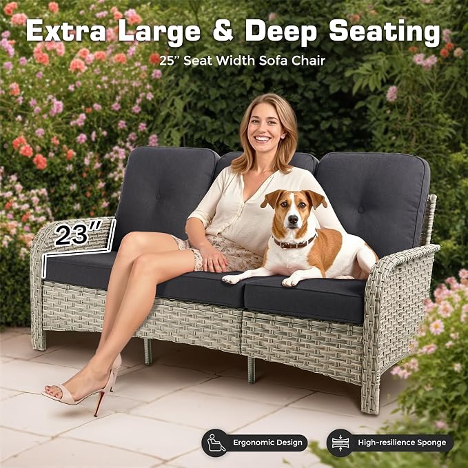 4-Piece Outdoor Patio Furniture Set,All Weather Wicker Rattan Patio Seating Sofa and Chair Set with Glowing Coffee Table,Outdoor Conversation Sets with 3 Seater Couch for Porch Deck Yard,Black