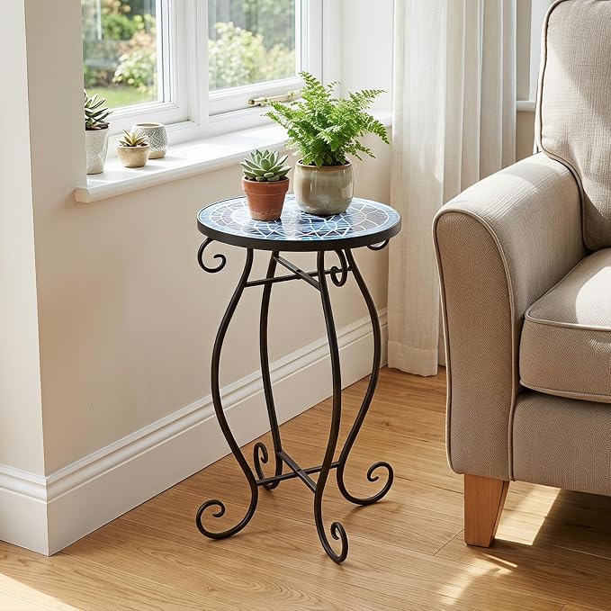 Giantex Outdoor Side Table, Mosaic Patio Table, 12inch Accent Table Plant Stand Indoor, Ceramic Tile Top Metal Frame, Small End Table Porch Beach Patio Garden Balcony Poolside
