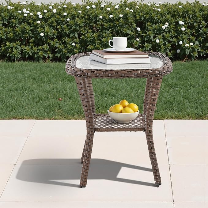 Patio Tables Wicker Side Table, Outdoor End Table with Storage Shelf, Patio Furniture Side Table for Sofa, Swivel Chairs, Garden, Balcony - Dark Brown