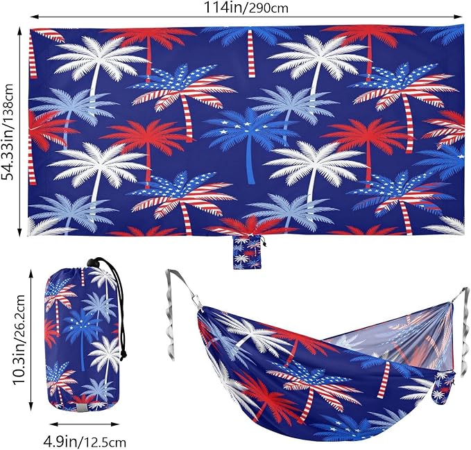 Patriotic USA Flag Palm Tree Hammocks with Tree Straps Rope Hammock for Indoor Outdoor Patio