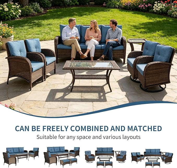 Outdoor Swivel Rocker Patio Chairs (Brown Wicker/Blue Cushion, 7PC/Sofa & Swivel & Chair &2 Table)