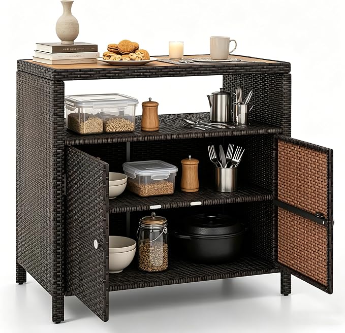 RELAX4LIFE Wicker Outdoor Bar Cabinet - PE Rattan Patio Bar Table w/Acacia Wood Countertop, Open Shelf & 2 Doors, Buffet Sideboard Organizer for Garden Backyard Pool, Outside Storage Cabinet (Brown)