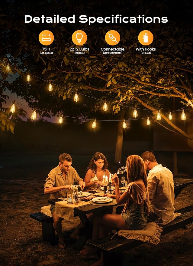 Brightown Outdoor String Lights, 75FT 22+2 LED ST38 LED Patio Lights Shatterproof, Dimmable IP65 Waterproof Connectable Hanging Outdoor Light for Backyard, Porch, Deck, Balcony