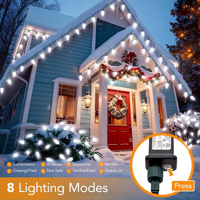 C9 LED Christmas Lights Outdoor,33 Feet 50 LED 8 Lighting Modes Waterproof Connectable Christmas String Lights for Outside Roofline Patio Home Xmas Decorations (Cool White)
